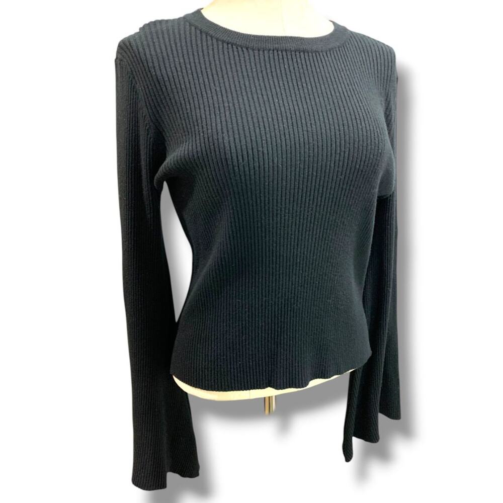 Medium Olivaceous Womens Cashmere Blend Black Ribbed Sweater Flare Sleeve